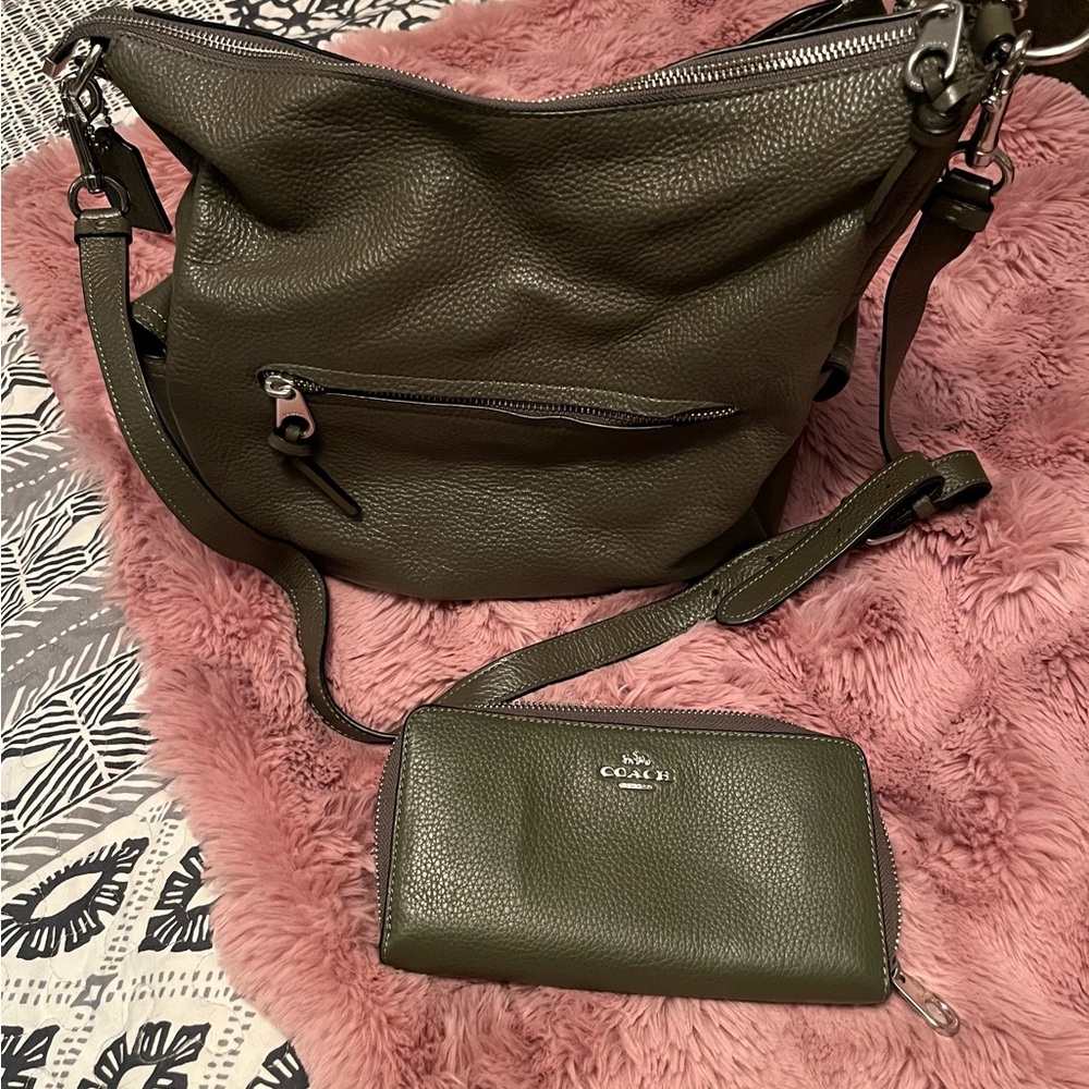 Coach Dark Green Leather Shoulder Bag and Wallet